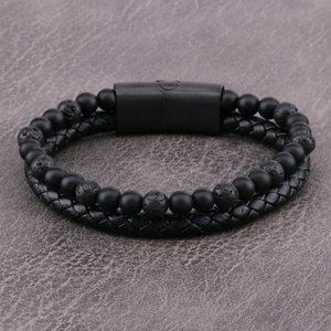 Natural Obsidian Lava Rock Stone Leather Braided Bracelet